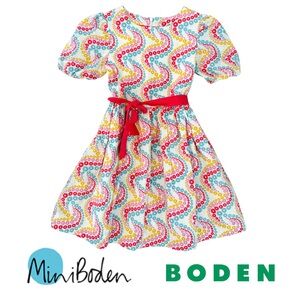 Girl’s Mini Boden Multicolor Swirl Dress with Red Belt • Linen/Cotton Size 8-9Y